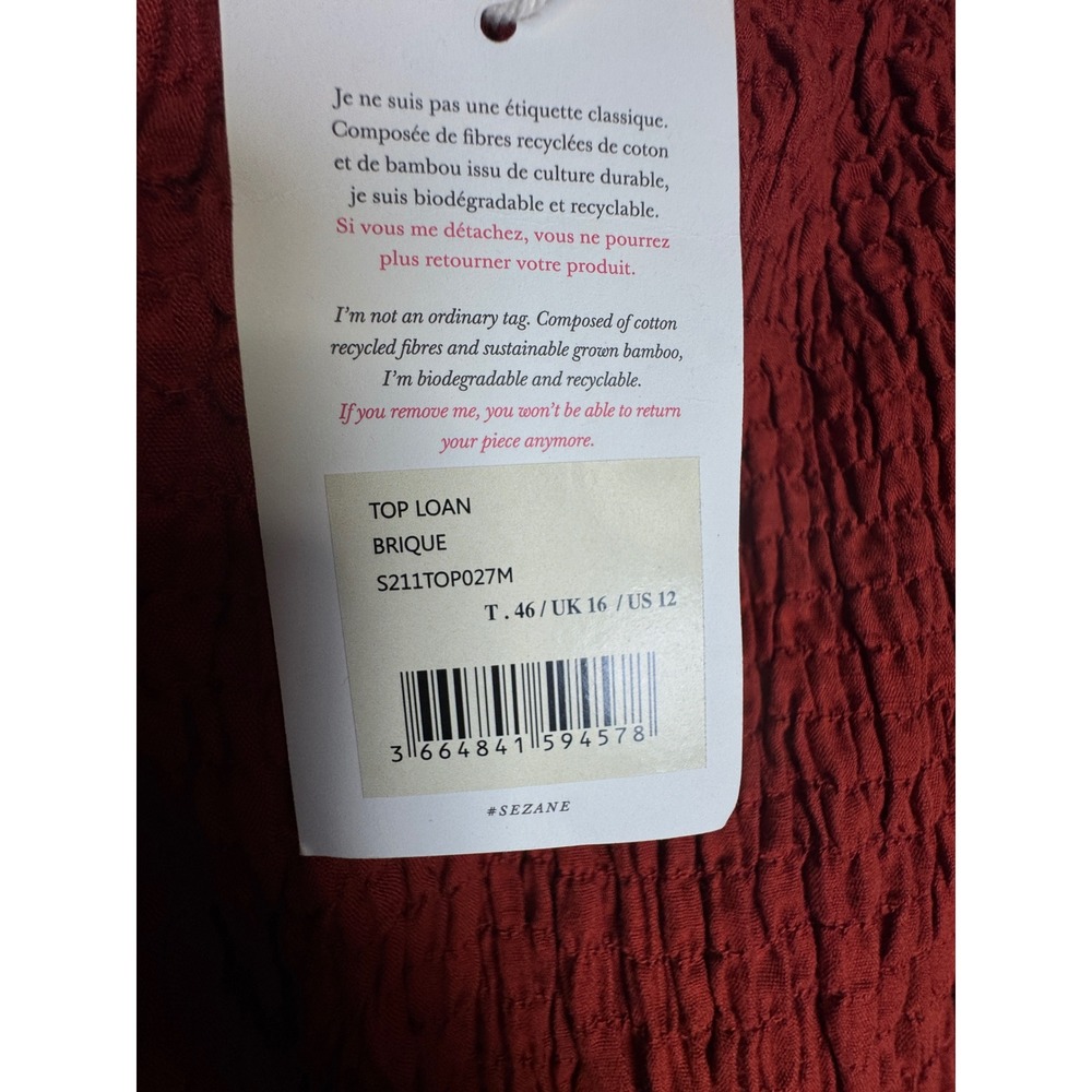 Sezane Red Smocked Puff Sleeve Crop Top Cotton Linen Blend Sz 46 NEW - Picture 9 of 9